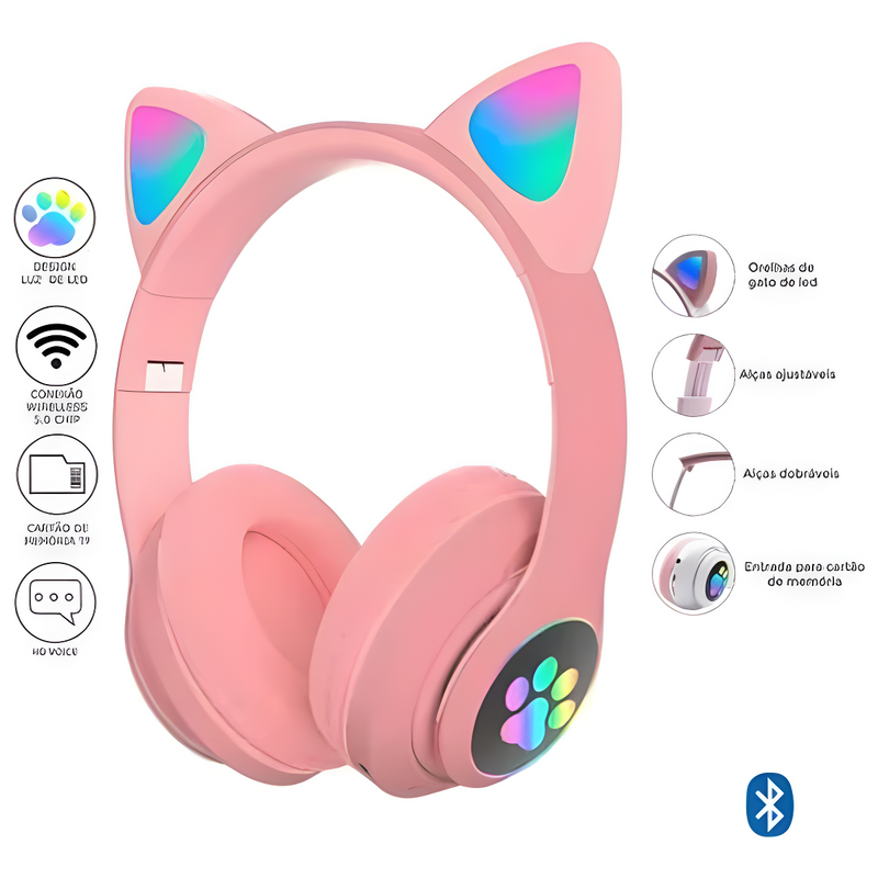 Fone Bluetooth Orelha De Gato Led Colorido (ROSA)