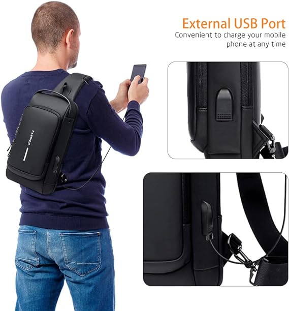 Mochila de Ombro Transversal - Anti-roubo e Anti-Chuva - Carregamento USB - Unissex