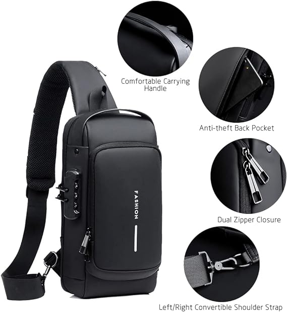 Mochila de Ombro Transversal - Anti-roubo e Anti-Chuva - Carregamento USB - Unissex