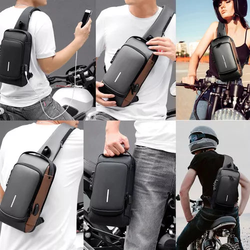 Mochila de Ombro Transversal - Anti-roubo e Anti-Chuva - Carregamento USB - Unissex